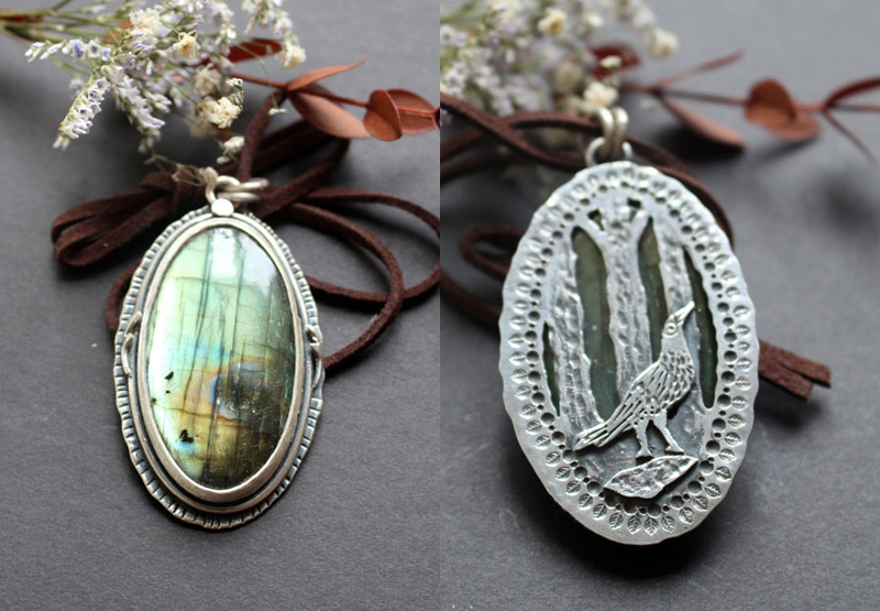 Heart of the forest, raven spirit pendant in silver and labradorite