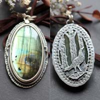 Heart of the forest, raven spirit pendant in silver and labradorite