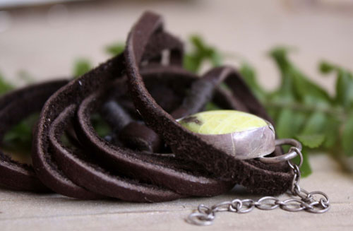 Hemera, greek light bracelet in silver, leather, and lemon jade