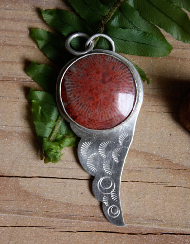 Hiko, japanese wing pendant in silver and red coral