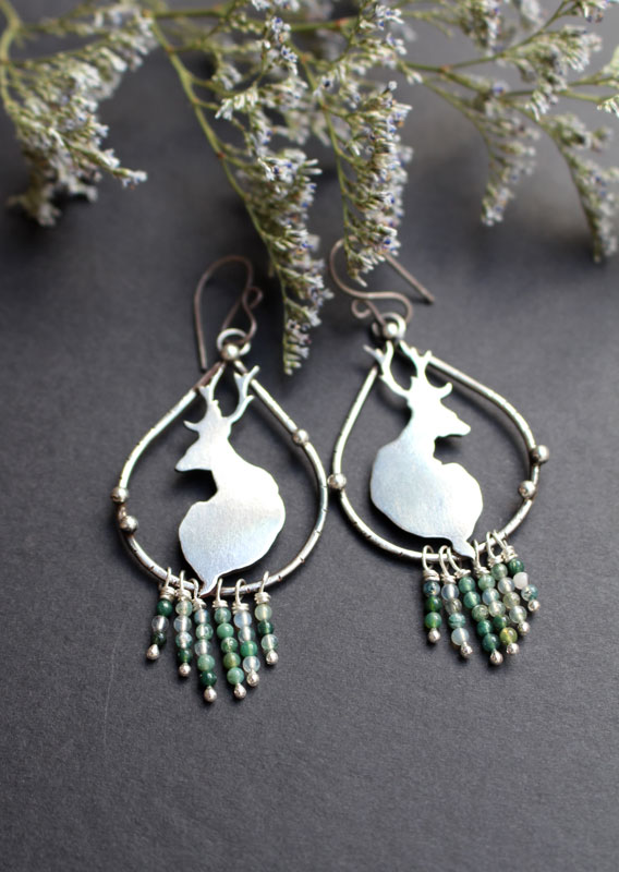 In the quietness of dawn, deer earrings in silver and moss agate beads