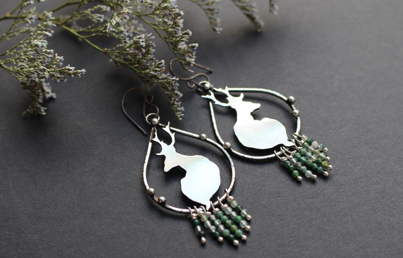 In the quietness of dawn, deer earrings in silver and moss agate beads