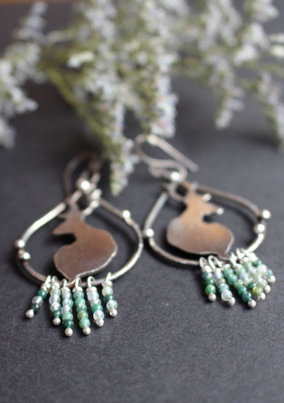 In the quietness of dawn, deer earrings in silver and moss agate beads