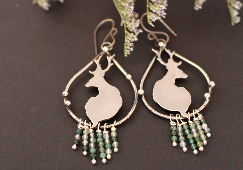 In the quietness of dawn, deer earrings in silver and moss agate beads