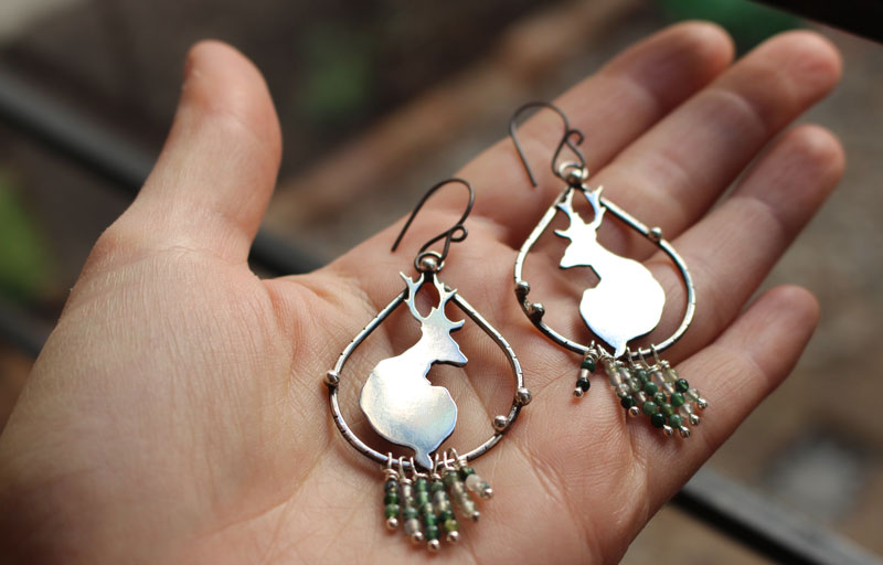 In the quietness of dawn, deer earrings in silver and moss agate beads