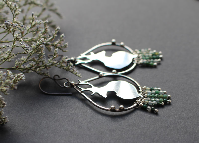 In the quietness of dawn, deer earrings in silver and moss agate beads