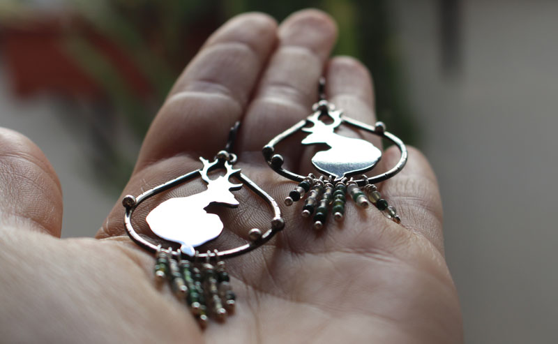 In the quietness of dawn, deer earrings in silver and moss agate beads