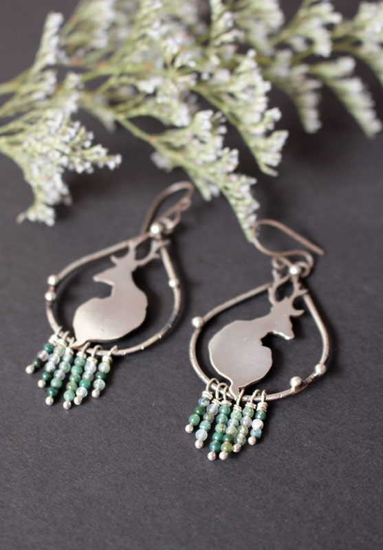 In the quietness of dawn, deer earrings in silver and moss agate beads