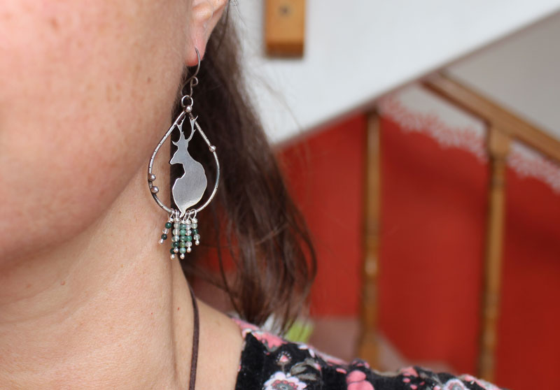 In the quietness of dawn, deer earrings in silver and moss agate beads