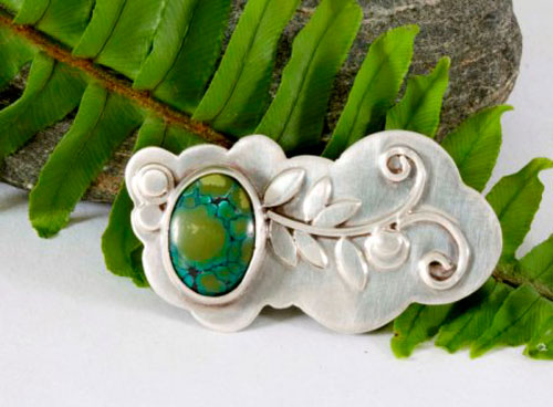 Ivy, vegetal brooch in sterling silver and turquoise