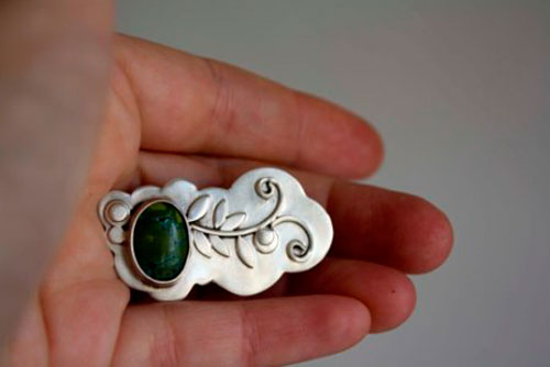 Ivy, vegetal brooch in sterling silver and turquoise