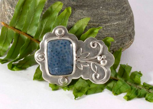 Koralli, coral reef brooch in sterling silver and blue coral