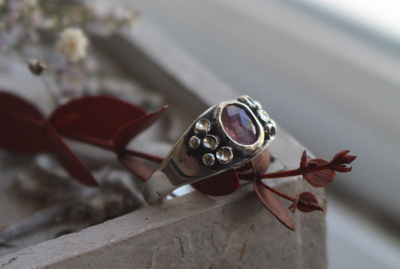 Lichen, botanical symbiosis ring in silver and pink sapphire