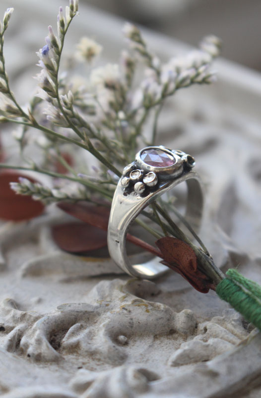 Lichen, botanical symbiosis ring in silver and pink sapphire