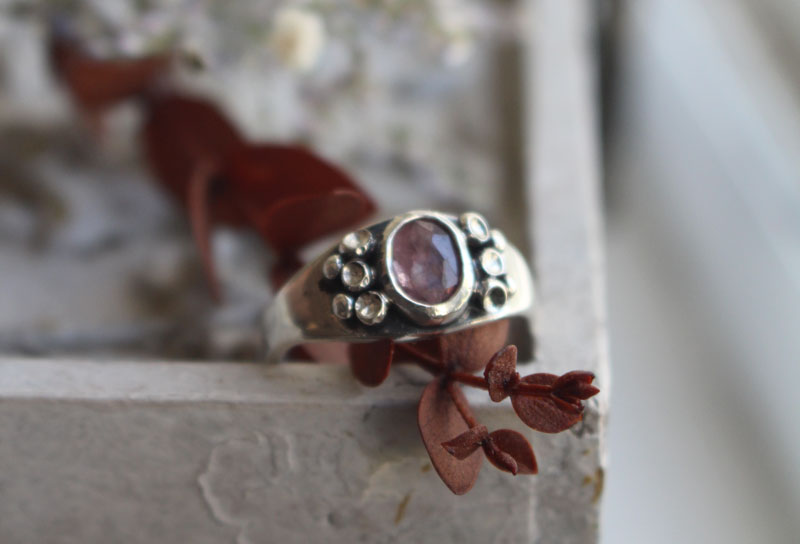 Lichen, botanical symbiosis ring in silver and pink sapphire