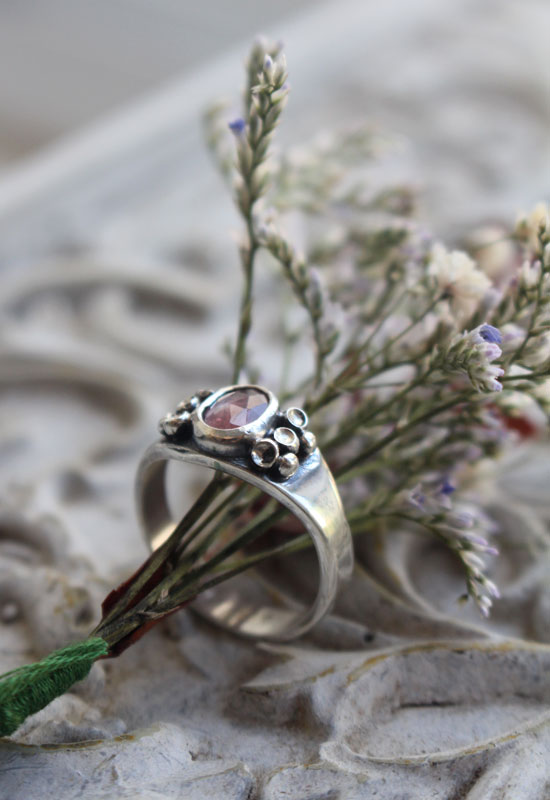 Lichen, botanical symbiosis ring in silver and pink sapphire