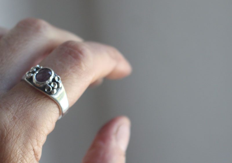 Lichen, botanical symbiosis ring in silver and pink sapphire