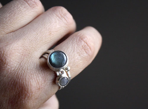 Lunar eclipse, summer night stackable ring in silver and labradorite