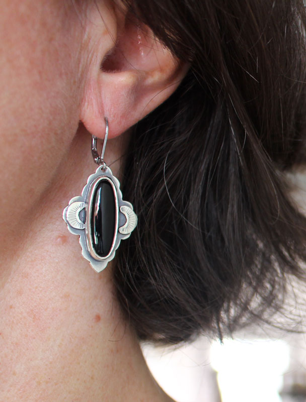 Onyx moon, oriental earrings in silver and onyx