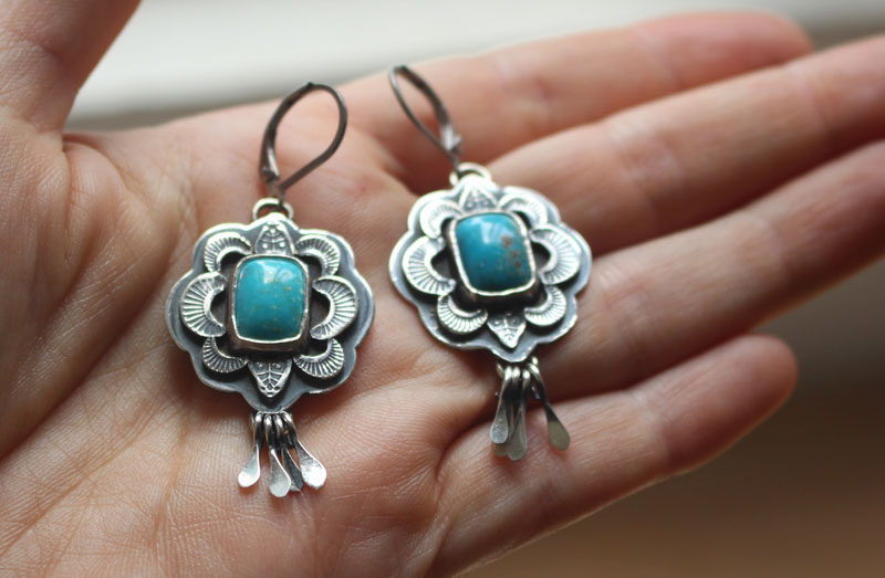 Solar, blue sun earrings in silver and turquoise