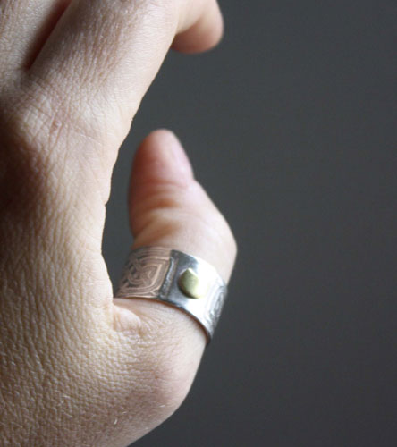 Stonehenge, moon and celtic knot ring in silver and brass