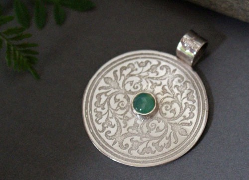 The tree from the sacred place, medieval shield pendant in silver and chrysoprase