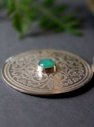 The tree from the sacred place, medieval shield pendant in silver and chrysoprase