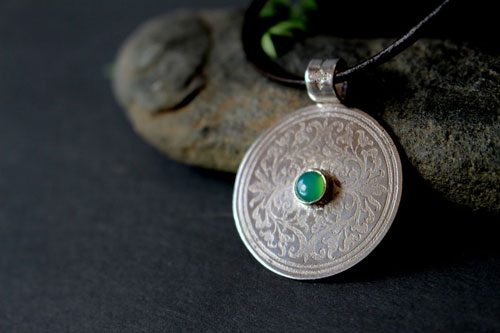 The tree from the sacred place, medieval shield pendant in silver and chrysoprase