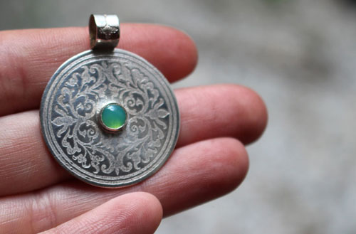 The tree from the sacred place, medieval shield pendant in silver and chrysoprase