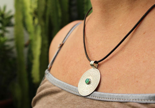 The tree from the sacred place, medieval shield pendant in silver and chrysoprase