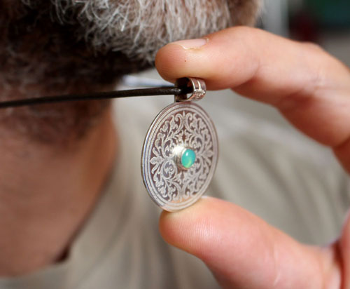 The tree from the sacred place, medieval shield pendant in silver and chrysoprase