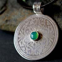 The tree from the sacred place, medieval shield pendant in silver and chrysoprase