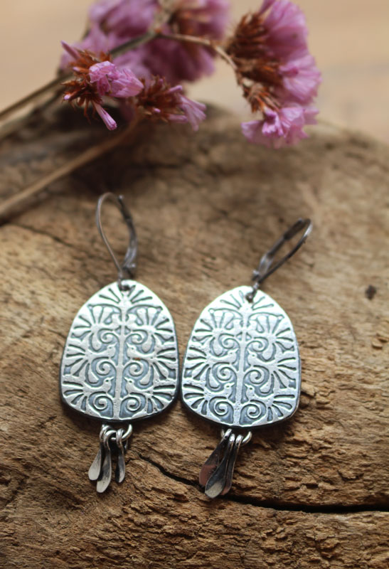 The tree of life, tree and bird earrings in silver