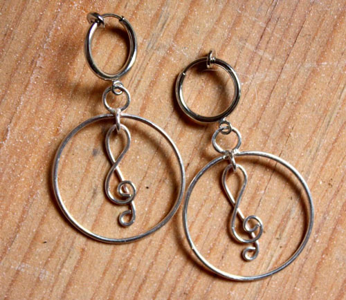 Treble clef, musical note earrings in sterling silver