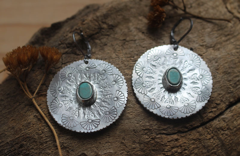 Turquoise flower, mandala earrings in silver and howlite