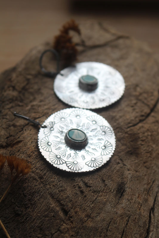 Turquoise flower, mandala earrings in silver and howlite