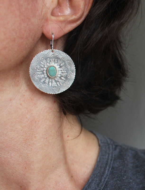 Turquoise flower, mandala earrings in silver and howlite