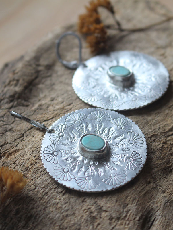 Turquoise flower, mandala earrings in silver and howlite