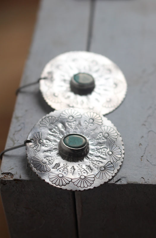 Turquoise flower, mandala earrings in silver and howlite