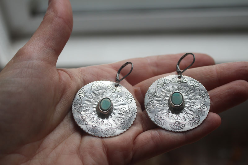 Turquoise flower, mandala earrings in silver and howlite