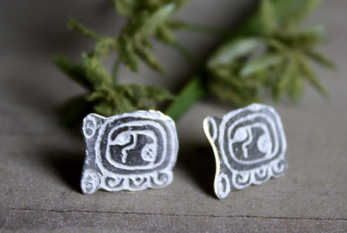 Tzolkin, mayan calendar stud earrings in sterling silver