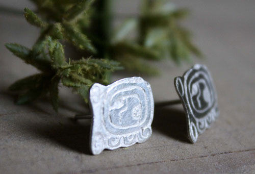 Tzolkin, mayan calendar stud earrings in sterling silver