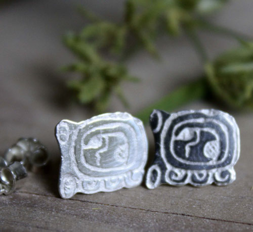 Tzolkin, mayan calendar stud earrings in sterling silver