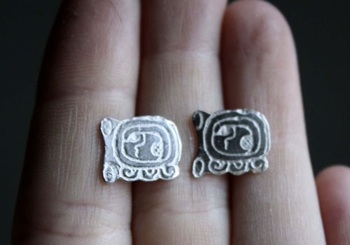 Tzolkin, mayan calendar stud earrings in sterling silver