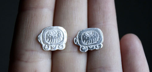 Tzolkin, mayan calendar stud earrings in sterling silver