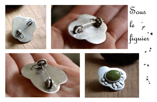 Under the fig tree, vegetal brooch in silver and green aventurine