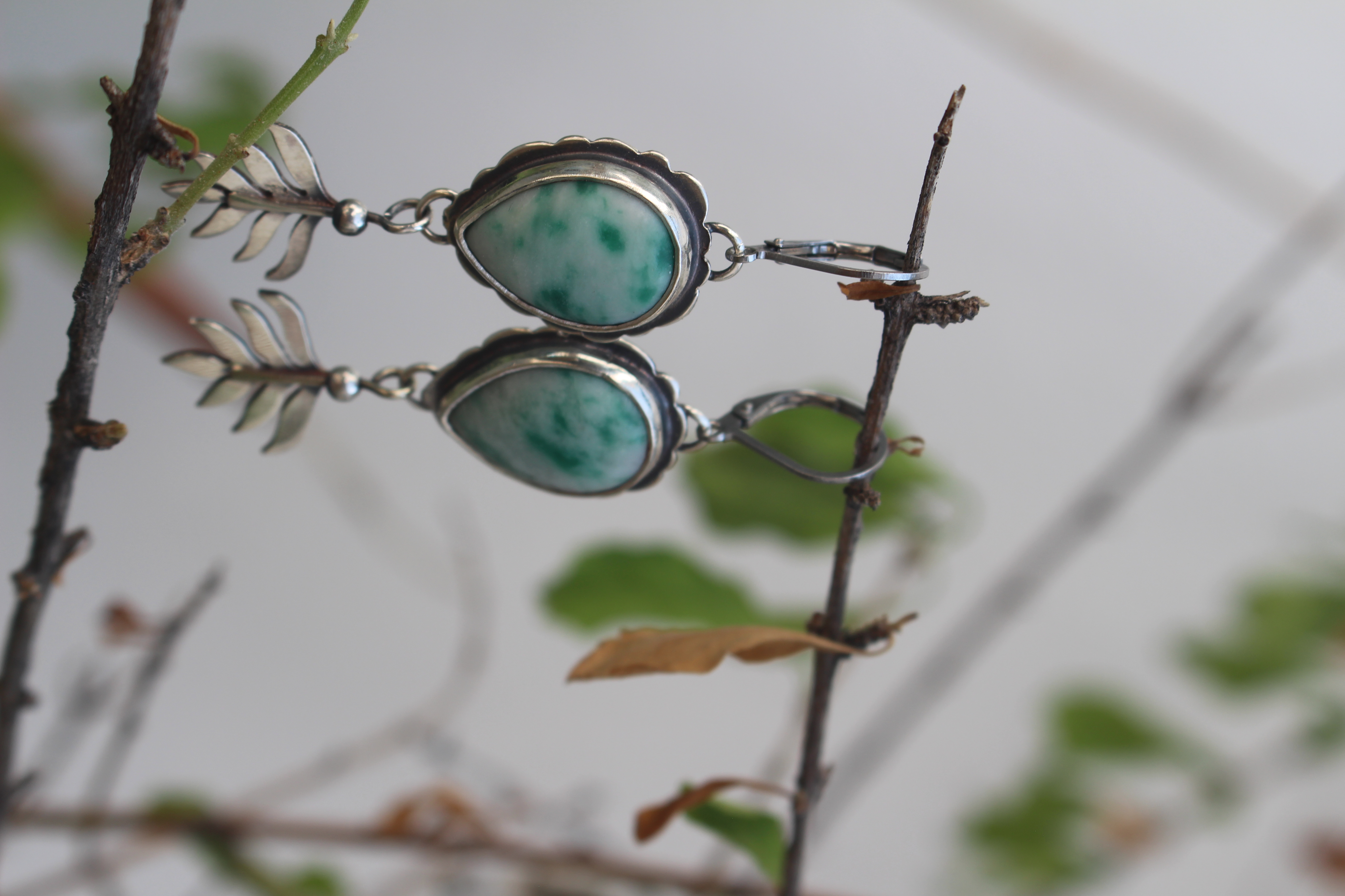 Undergrowth, celtic fern earrings in silver and jasper