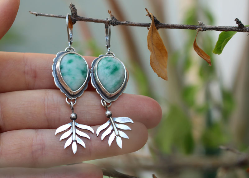 Undergrowth, celtic fern earrings in silver and jasper