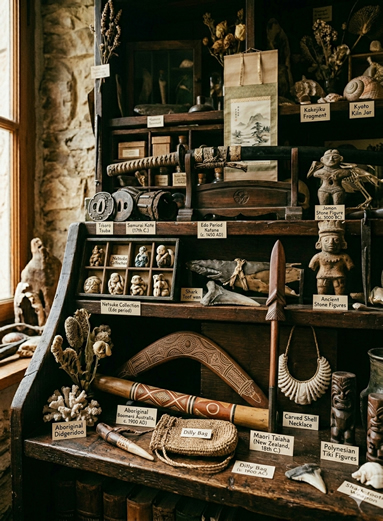 cabinet of curiosities featuring objects from different cultures around the world, reflecting the history of these diverse regions
